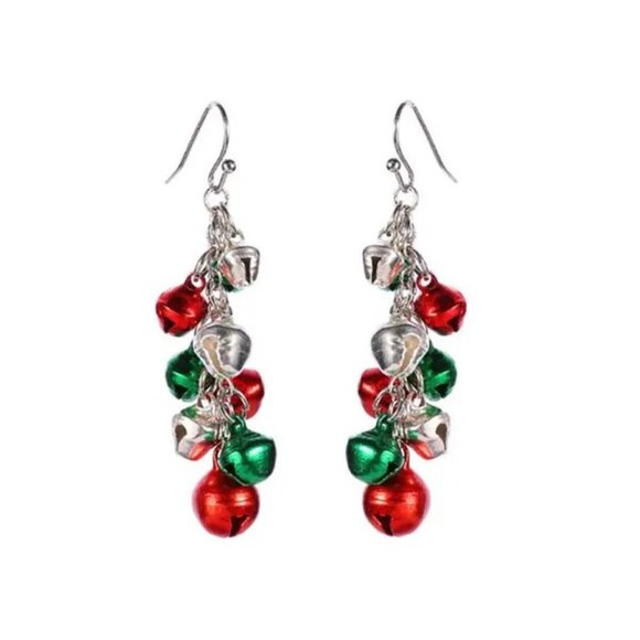 Christmas Jingle Bells Dangle Earrings, Make Noise - Green, Red, Silver Bells - Picture 4 of 9